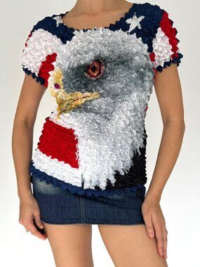 90s Y2K vintage american bald eagle patriotic stretchy popcorn top bubble blouse